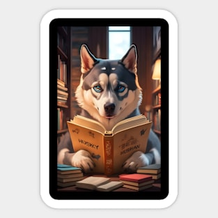 Siberian husky reading book  in library Sticker